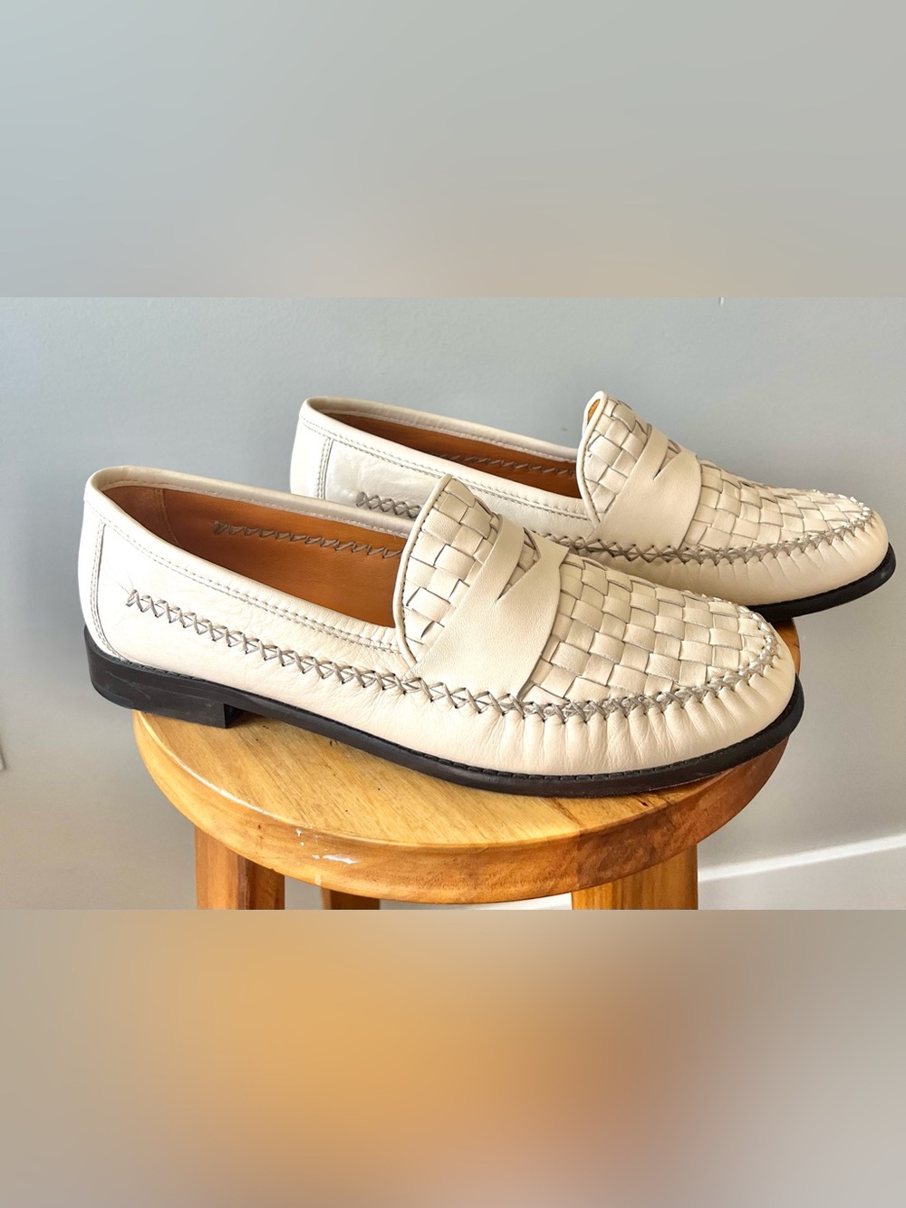 ROBERT ZUR Men's Cream Woven Leather Penny Loafers Size 10M -Quiet Luxury - Picture 6 of 11